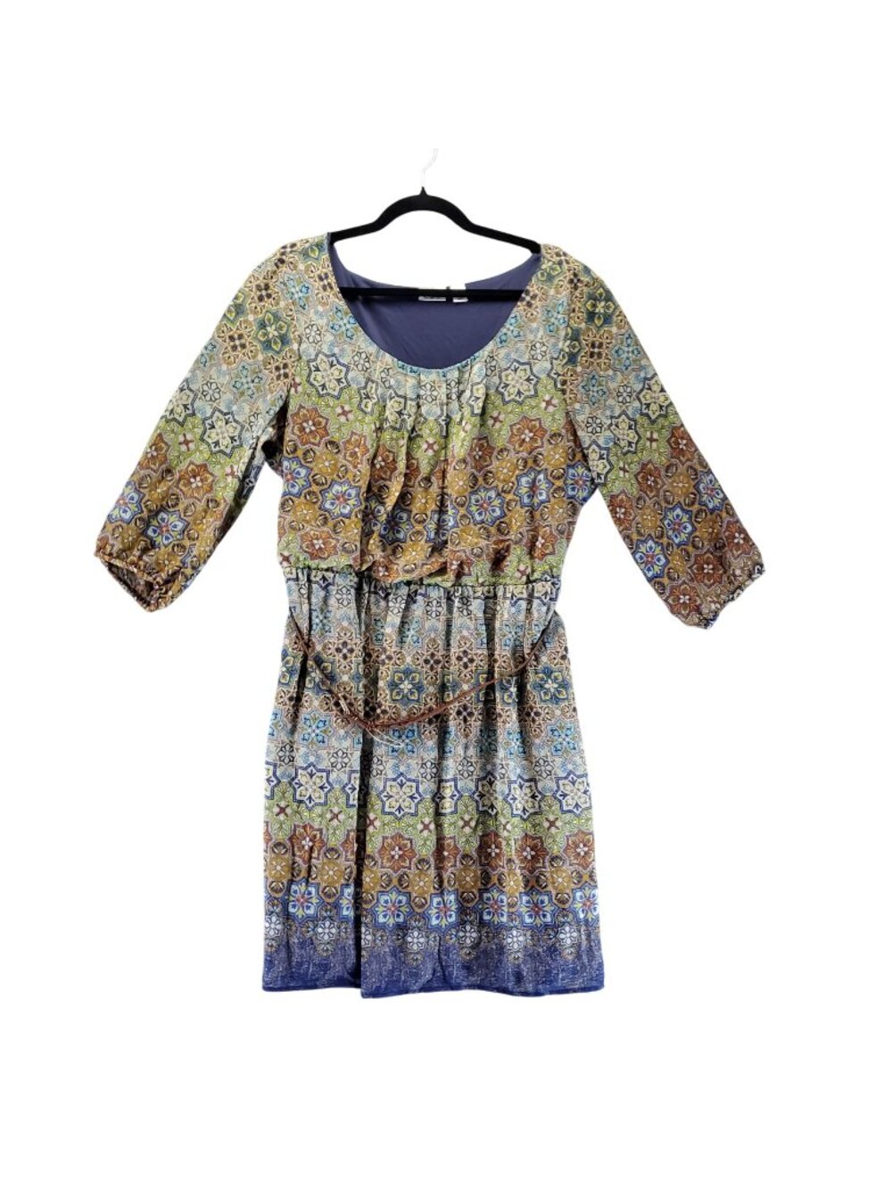 Cato Dress Womens XL Multicolor Boho Style 3/4 Sleeve Elastic Waist Belted